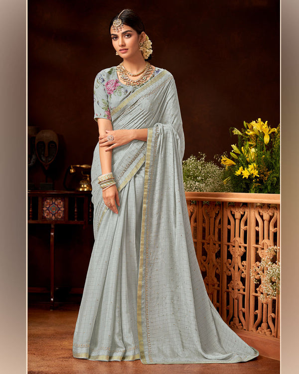 Vishal Prints Light Grey Patterned Pure Chiffon Saree With Zari Lining And Weaving Work Embroidery Border