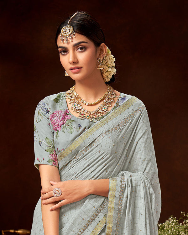 Vishal Prints Light Grey Patterned Pure Chiffon Saree With Zari Lining And Weaving Work Embroidery Border