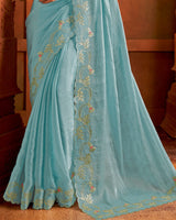 Vishal Prints Pastel Steel Blue Fancy Satin Embroidery Work Saree With Swarovski Cut Work Border