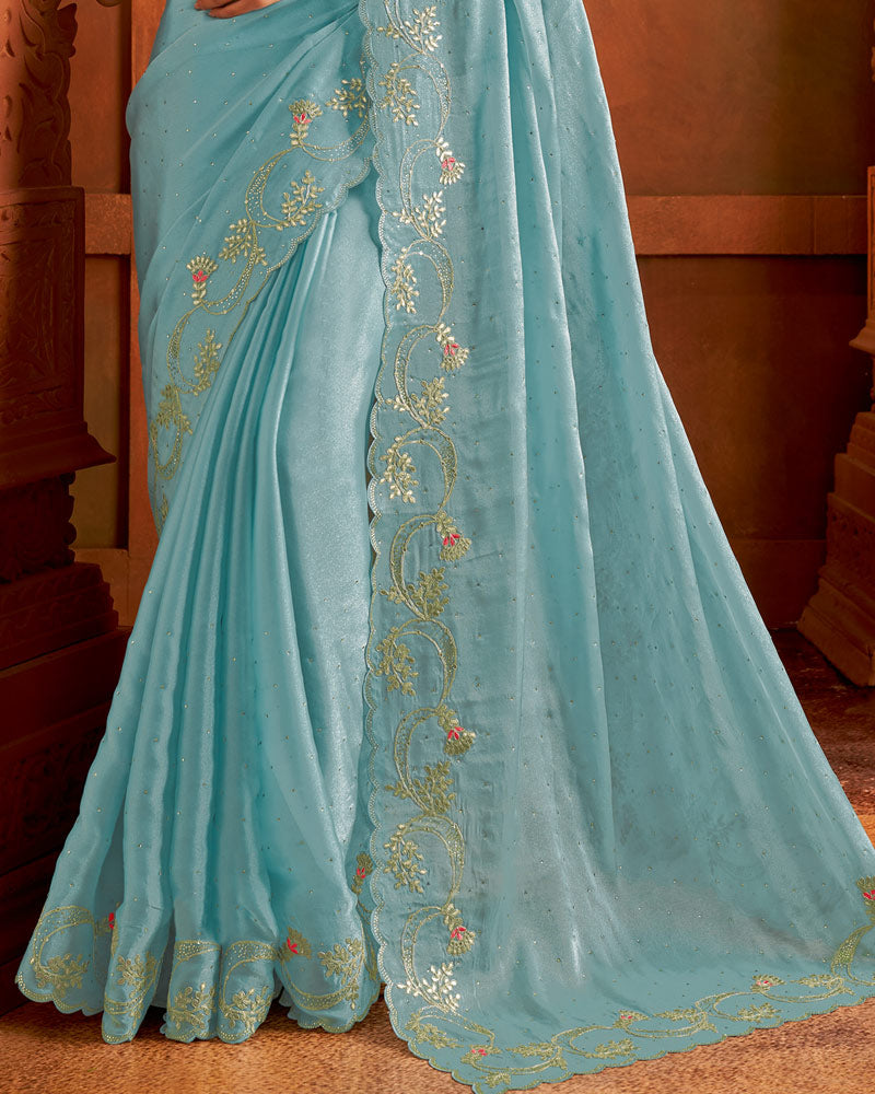 Vishal Prints Pastel Steel Blue Fancy Satin Embroidery Work Saree With Swarovski Cut Work Border