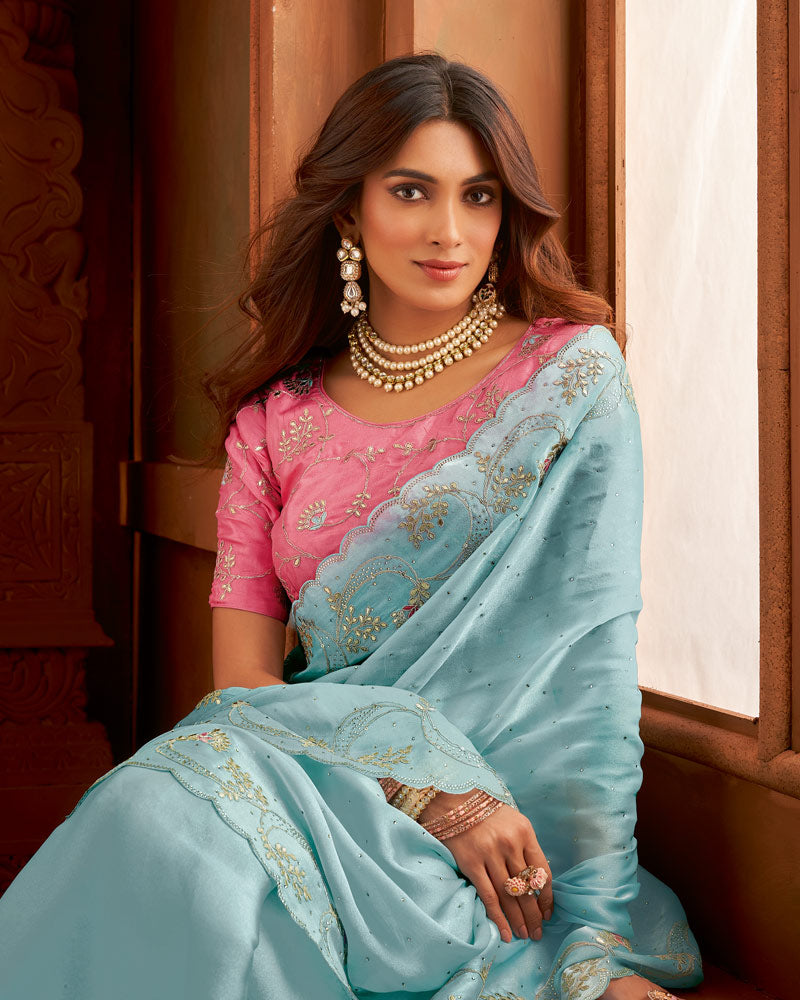 Vishal Prints Pastel Steel Blue Fancy Satin Embroidery Work Saree With Swarovski Cut Work Border