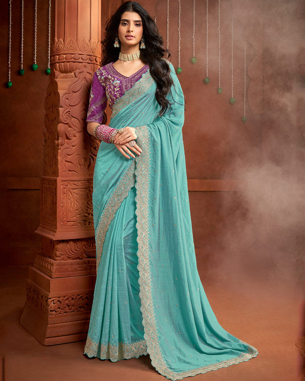 Vishal Prints Pastel Teal Green Fancy Art Silk Zari-Embroidery Work Saree With Cut Work Border