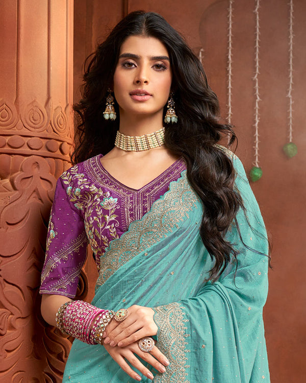 Vishal Prints Pastel Teal Green Fancy Art Silk Zari-Embroidery Work Saree With Cut Work Border