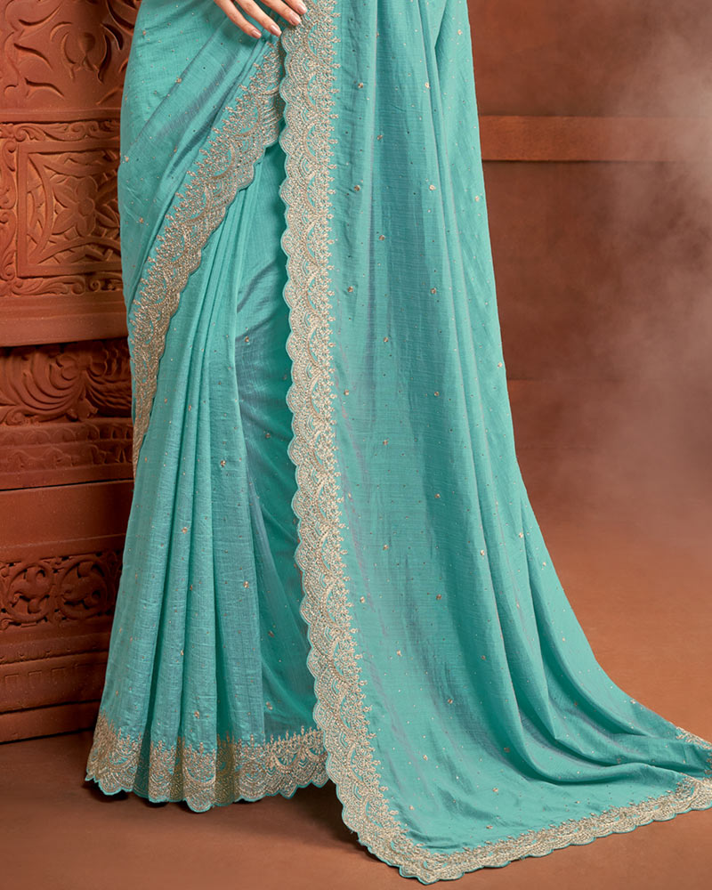 Vishal Prints Pastel Teal Green Fancy Art Silk Zari-Embroidery Work Saree With Cut Work Border
