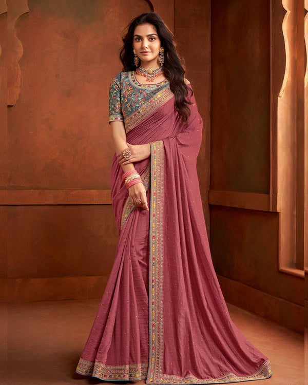 Vishal Prints Dusty Pink Fancy Art Silk Swarovski Work Saree With Embroidery Border