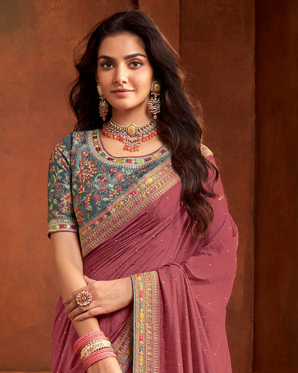 Vishal Prints Dusty Pink Fancy Art Silk Swarovski Work Saree With Embroidery Border