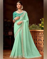 Vishal Prints Sea Green Crushed Fancy Chiffon Swarovski Work Saree With Embroidery-Foil Cut Work Border
