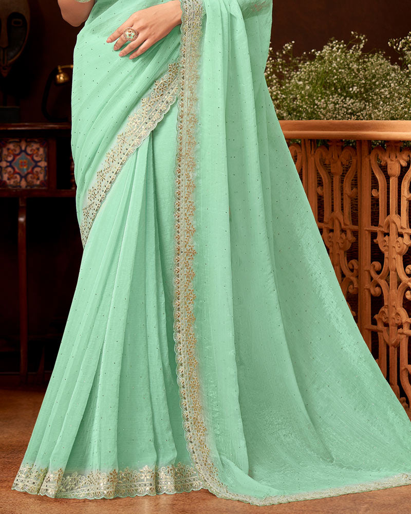 Vishal Prints Sea Green Crushed Fancy Chiffon Swarovski Work Saree With Embroidery-Foil Cut Work Border