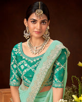 Vishal Prints Sea Green Crushed Fancy Chiffon Swarovski Work Saree With Embroidery-Foil Cut Work Border