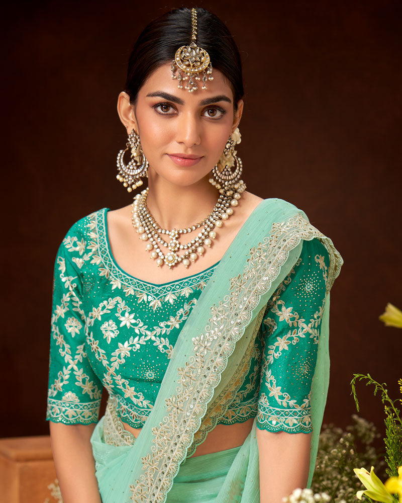 Vishal Prints Sea Green Crushed Fancy Chiffon Swarovski Work Saree With Embroidery-Foil Cut Work Border
