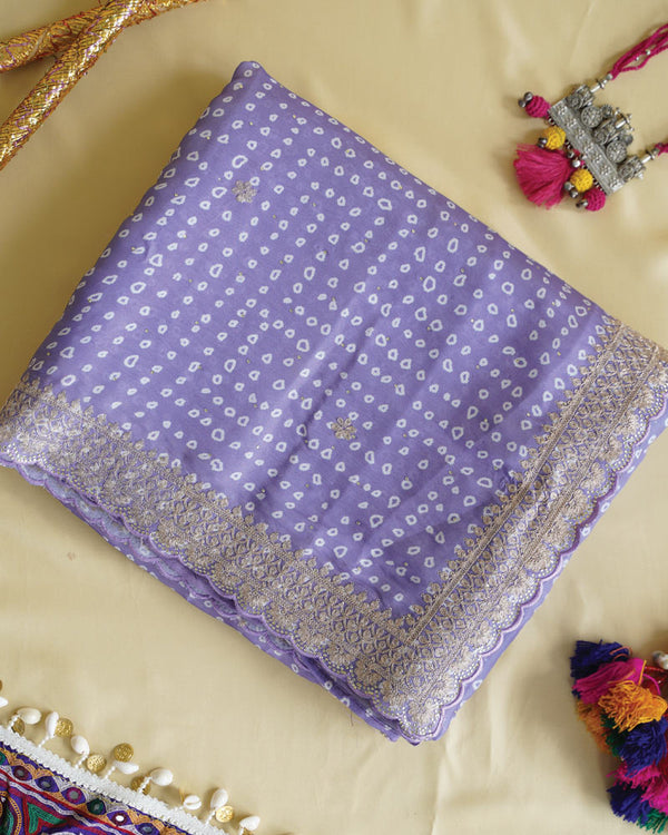 Lavender Designer Fancy Satin Traditional Print Saree With Embroidery-Diamond Work And Cut Work Border
