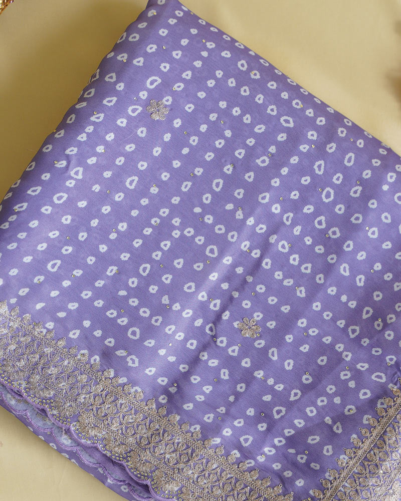Lavender Designer Fancy Satin Traditional Print Saree With Embroidery-Diamond Work And Cut Work Border