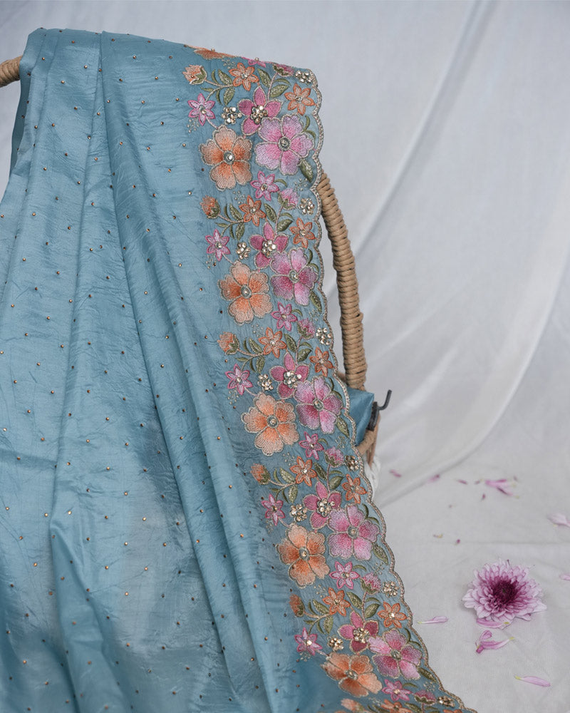 Vishal Prints Pastel Blue Tissue Organza Saree With Embroidery-Diamond Work And Cut Work Border