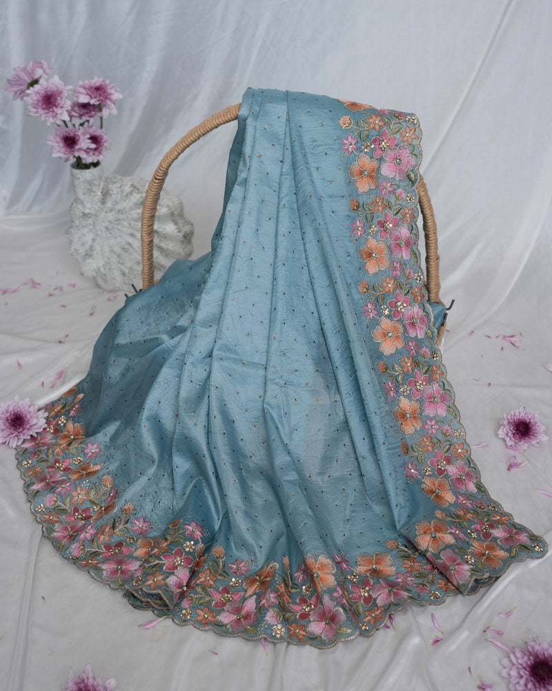 Vishal Prints Pastel Blue Tissue Organza Saree With Embroidery-Diamond Work And Cut Work Border