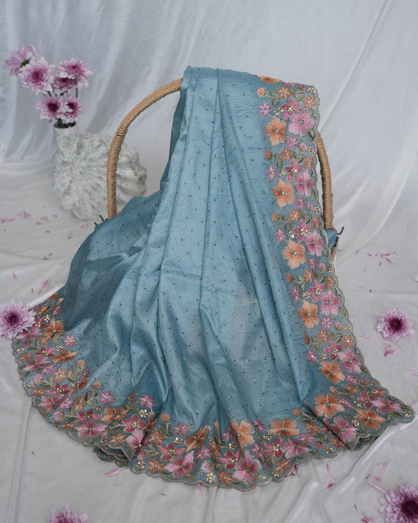 Vishal Prints Pastel Blue Tissue Organza Saree With Embroidery-Diamond Work And Cut Work Border