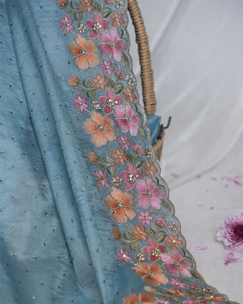 Vishal Prints Pastel Blue Tissue Organza Saree With Embroidery-Diamond Work And Cut Work Border