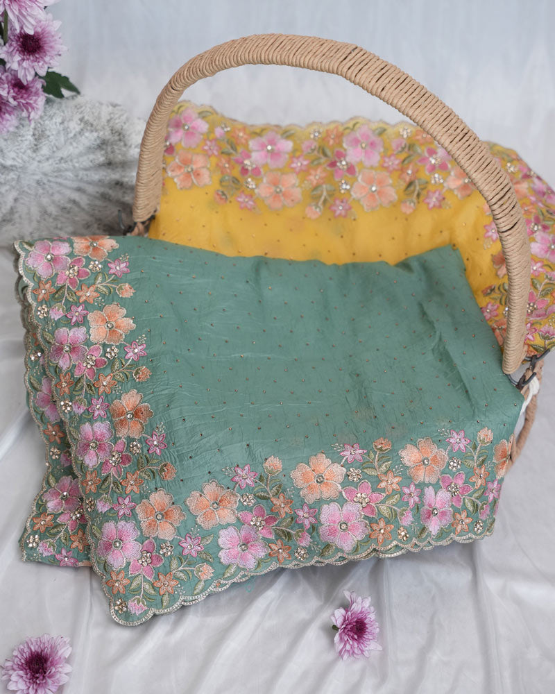 Vishal Prints Slate Green Tissue Organza Saree With Embroidery-Diamond Work And Cut Work Border