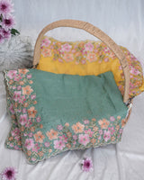 Vishal Prints Slate Green Tissue Organza Saree With Embroidery-Diamond Work And Cut Work Border