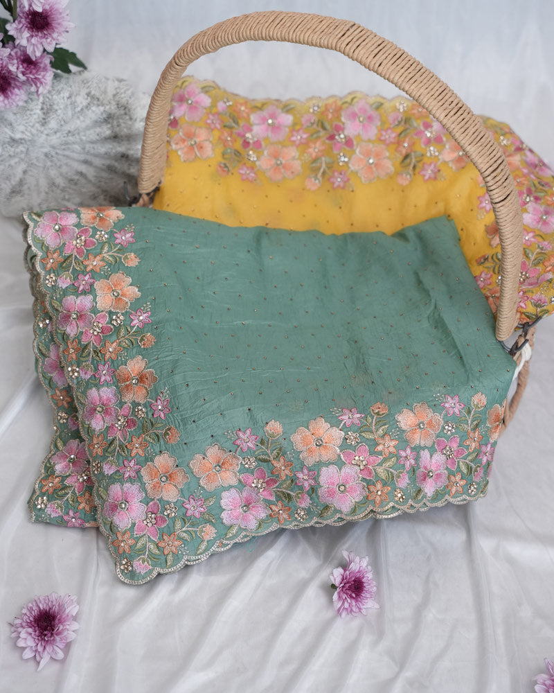 Vishal Prints Slate Green Tissue Organza Saree With Embroidery-Diamond Work And Cut Work Border