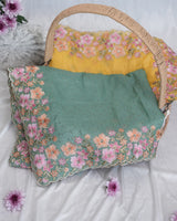 Vishal Prints Slate Green Tissue Organza Saree With Embroidery-Diamond Work And Cut Work Border