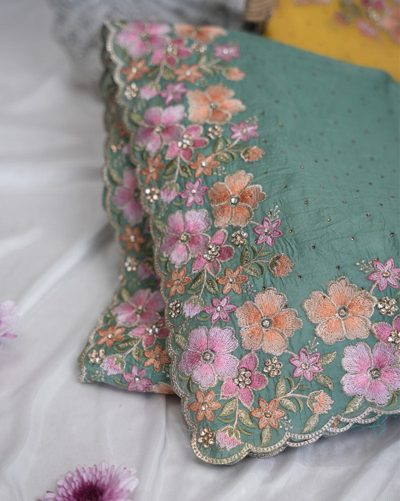 Vishal Prints Slate Green Tissue Organza Saree With Embroidery-Diamond Work And Cut Work Border
