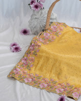 Vishal Prints Indian Yellow Tissue Organza Saree With Embroidery-Diamond Work And Cut Work Border