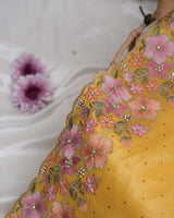 Vishal Prints Indian Yellow Tissue Organza Saree With Embroidery-Diamond Work And Cut Work Border