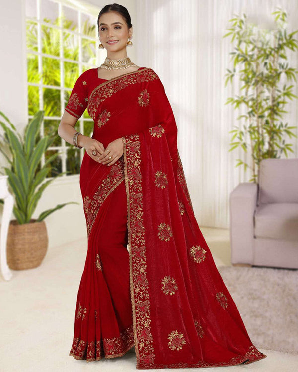Vishal Prints Chilli Red Fancy Satin Saree With Embroidery-Swarovski Zari Butta And Cut Work Border