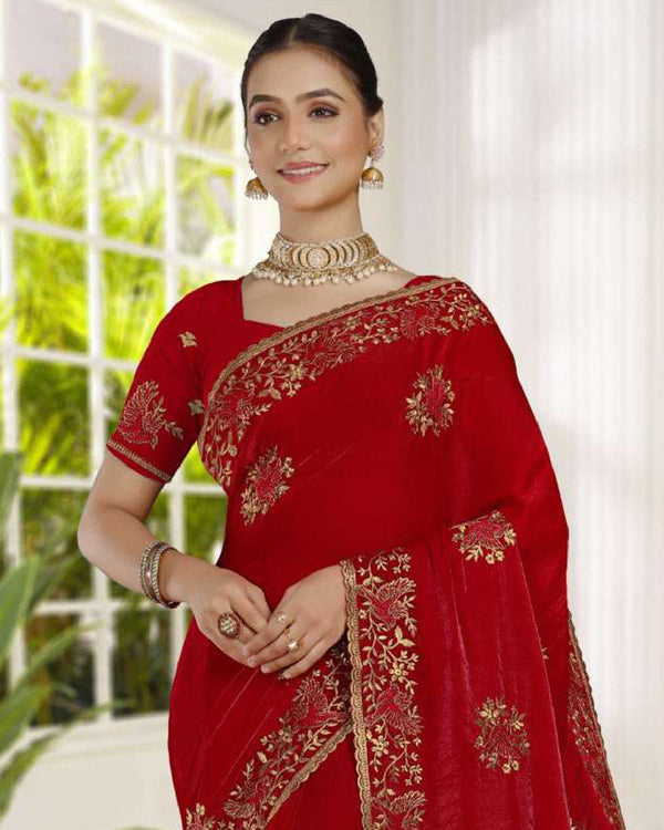 Vishal Prints Chilli Red Fancy Satin Saree With Embroidery-Swarovski Zari Butta And Cut Work Border