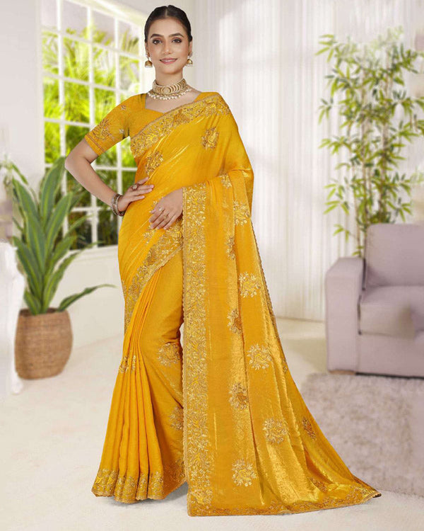 Vishal Prints Golden Yellow Fancy Satin Saree With Embroidery-Swarovski Zari Butta And Cut Work Border