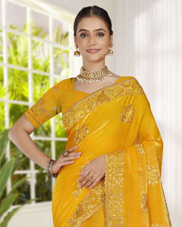 Vishal Prints Golden Yellow Fancy Satin Saree With Embroidery-Swarovski Zari Butta And Cut Work Border