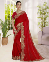 Vishal Prints Chilli Red Fancy Satin Saree With Embroidery-Swarovski Zari Butta And Cut Work Border