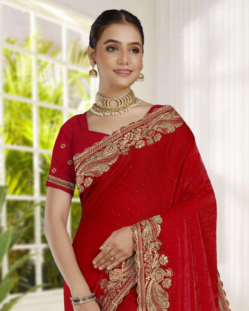 Vishal Prints Chilli Red Fancy Satin Saree With Embroidery-Swarovski Zari Butta And Cut Work Border