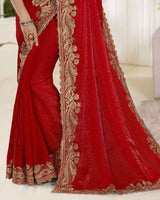 Vishal Prints Chilli Red Fancy Satin Saree With Embroidery-Swarovski Zari Butta And Cut Work Border