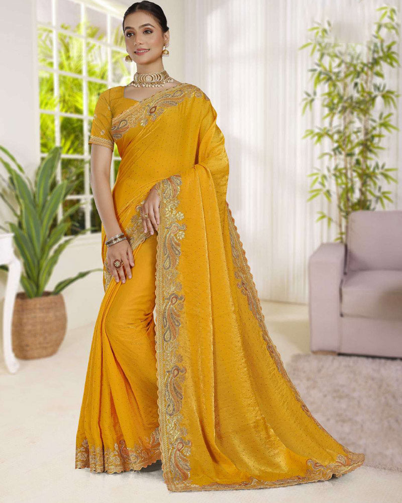 Vishal Prints Golden Yellow Fancy Satin Saree With Embroidery-Swarovski Zari Butta And Cut Work Border