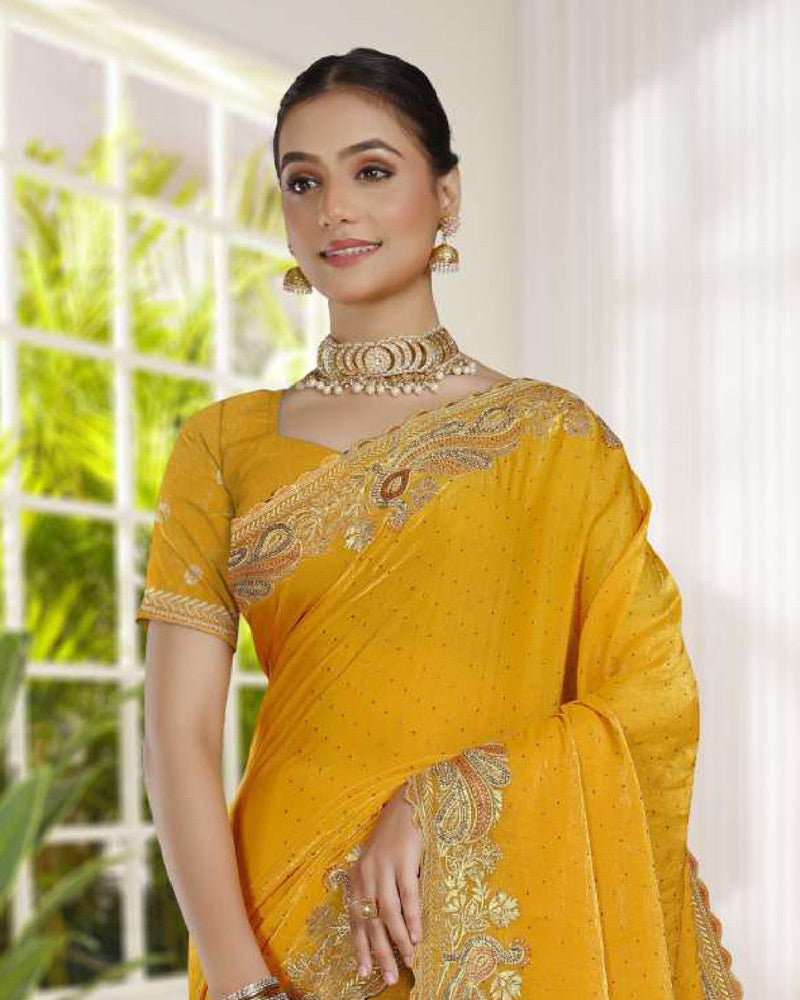 Vishal Prints Golden Yellow Fancy Satin Saree With Embroidery-Swarovski Zari Butta And Cut Work Border