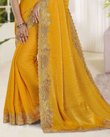 Vishal Prints Golden Yellow Fancy Satin Saree With Embroidery-Swarovski Zari Butta And Cut Work Border