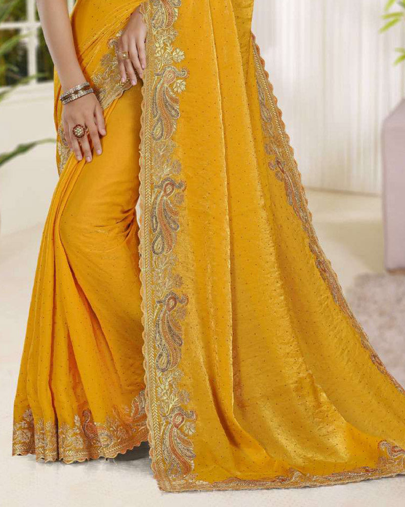 Vishal Prints Golden Yellow Fancy Satin Saree With Embroidery-Swarovski Zari Butta And Cut Work Border
