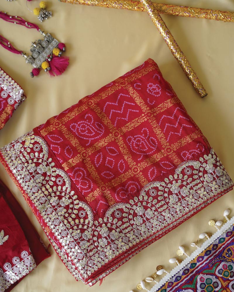 Brick Red Designer Raw Silk Traditional Print Saree With Foil Print And Gota Patti Embroidery Work Border