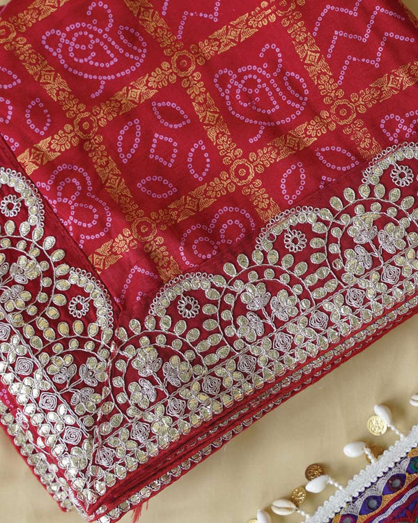 Brick Red Designer Raw Silk Traditional Print Saree With Foil Print And Gota Patti Embroidery Work Border