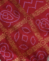 Brick Red Designer Raw Silk Traditional Print Saree With Foil Print And Gota Patti Embroidery Work Border