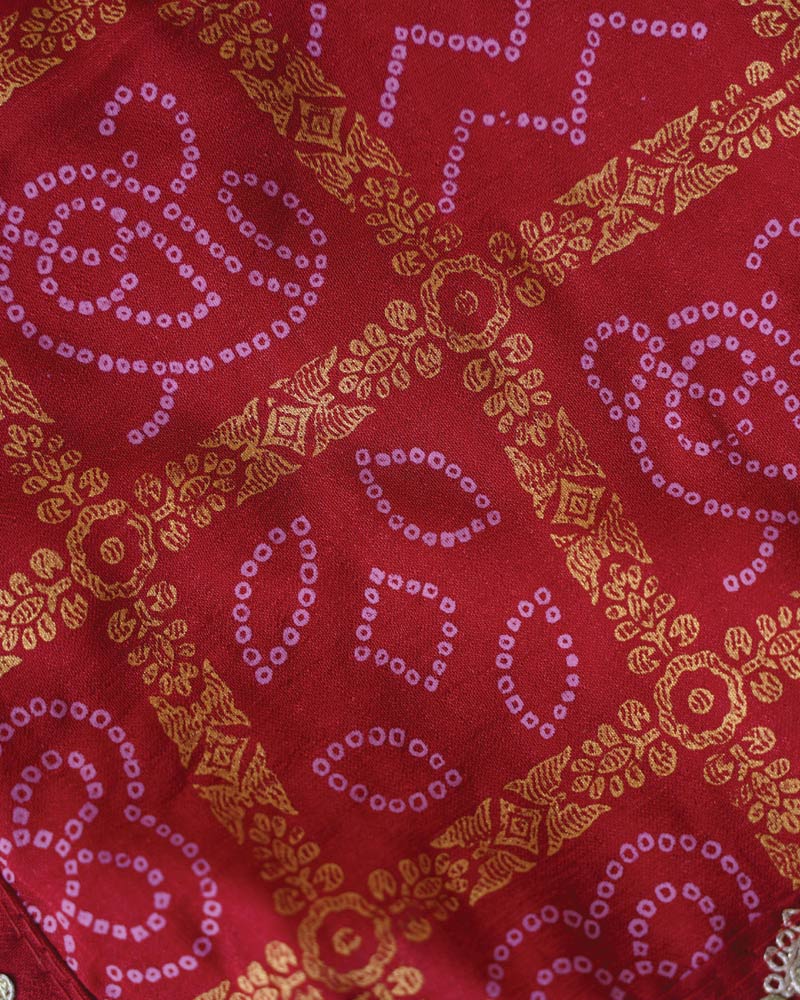 Brick Red Designer Raw Silk Traditional Print Saree With Foil Print And Gota Patti Embroidery Work Border