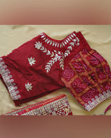 Brick Red Designer Raw Silk Traditional Print Saree With Foil Print And Gota Patti Embroidery Work Border