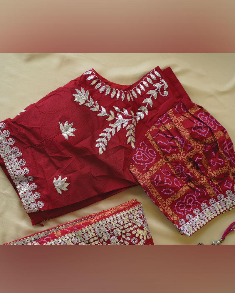 Brick Red Designer Raw Silk Traditional Print Saree With Foil Print And Gota Patti Embroidery Work Border