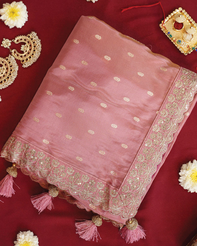 Vishal Prints Salmon Pink Designer Fancy Chiffon Saree With Viscose Weaving And Zari-Embroidery Border