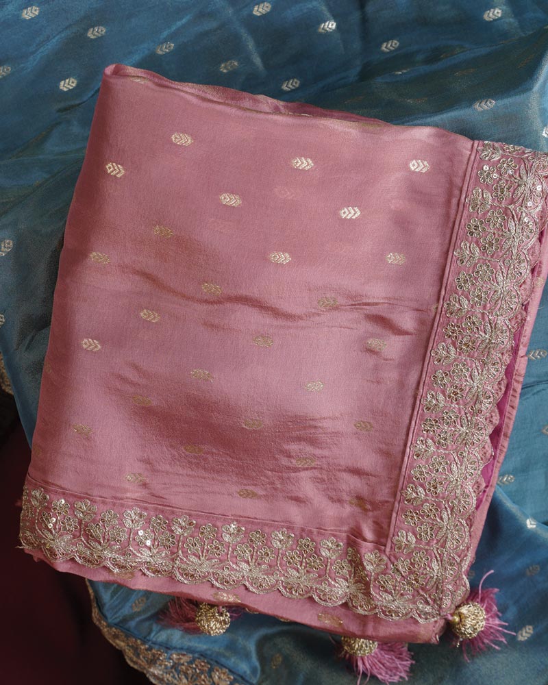 Vishal Prints Salmon Pink Designer Fancy Chiffon Saree With Viscose Weaving And Zari-Embroidery Border