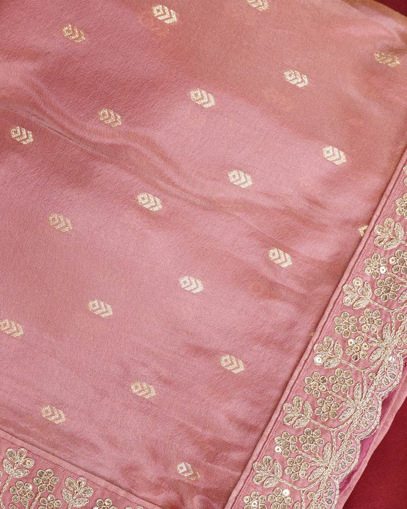 Vishal Prints Salmon Pink Designer Fancy Chiffon Saree With Viscose Weaving And Zari-Embroidery Border