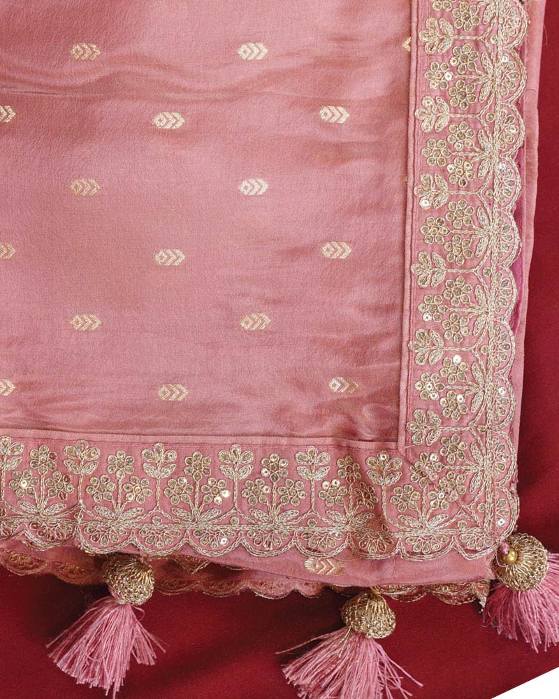 Vishal Prints Salmon Pink Designer Fancy Chiffon Saree With Viscose Weaving And Zari-Embroidery Border