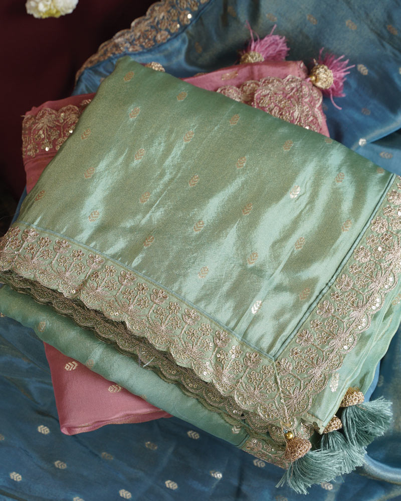 Vishal Prints Pista Green Designer Fancy Chiffon Saree With Viscose Weaving And Zari-Embroidery Border