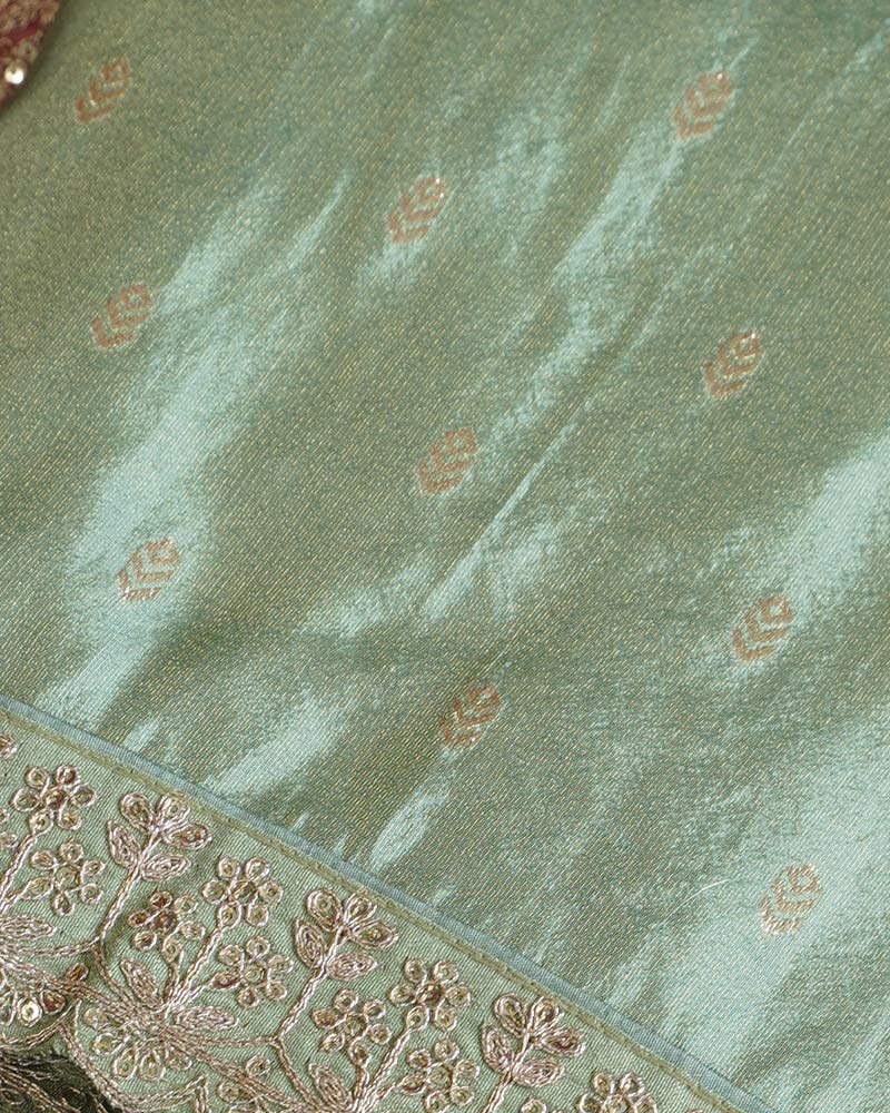 Vishal Prints Pista Green Designer Fancy Chiffon Saree With Viscose Weaving And Zari-Embroidery Border